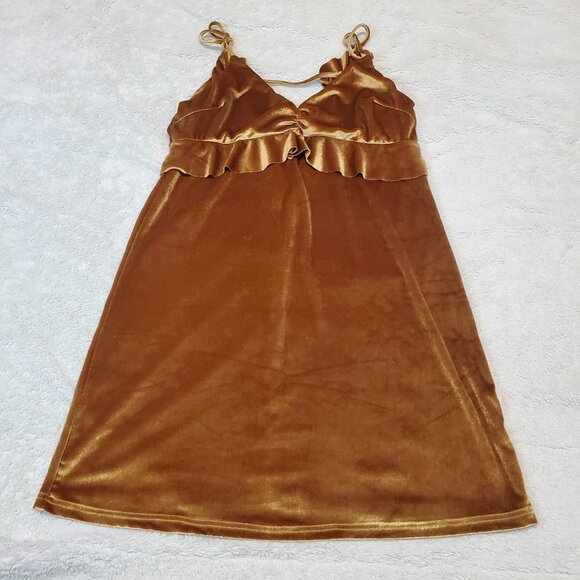 Honey Belle Gold Velvet Ruffle Romantic Coachella Preppy Slip Mini Dress Women M - Picture 1 of 9